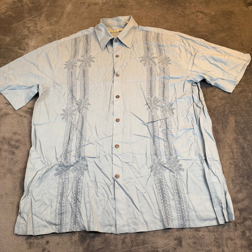 Batik Bay‎ Mens Large Light Blue Rayon Tropical Palm Tree Embroidered Camp Shirt